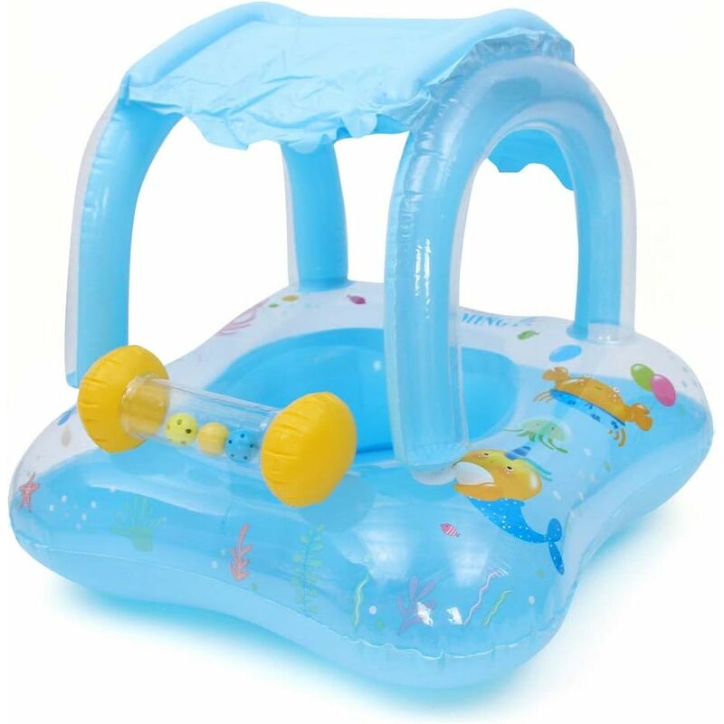 Bebé Niño Verano Asiento de piscina inflable Tipo de barco Campana de dibujos animados con parasol Toldo Anillo de natación Flotador Piscina flotante Juguete para bebé 6 meses-6 años (Azul)