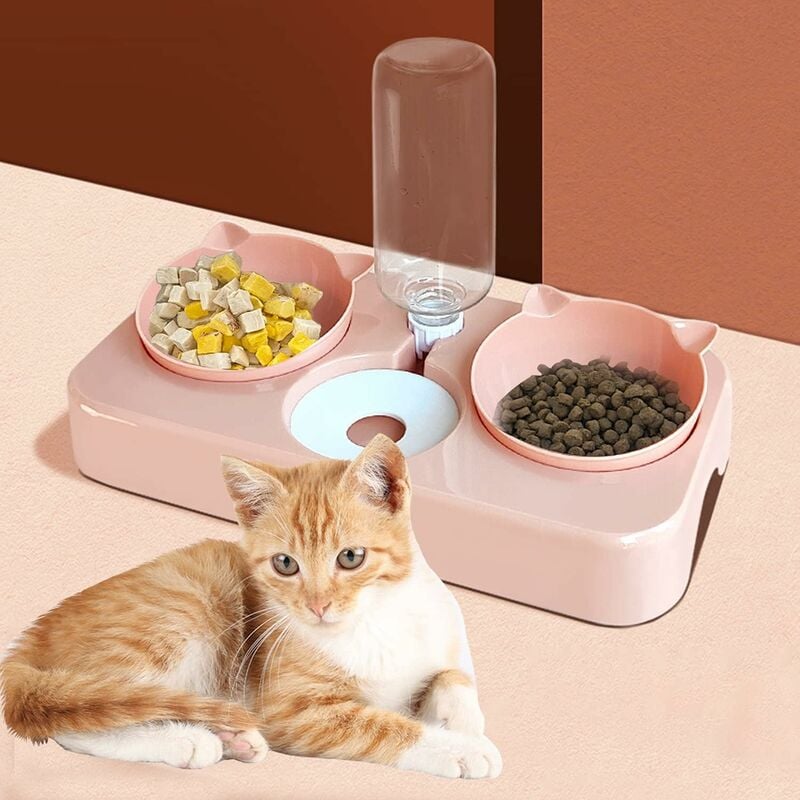 Cuencos para gatos, cuenco para mascotas, cuenco de agua para mascotas, cuenco para gatos para agua y comida, dispensador de agua automático 3 en 1, protección perfecta para el cuello reclinable para gatos y perros (rosa)