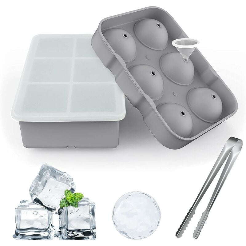 moldes de silicona para cubitos de hielo, tapa esférica cuadrada y redonda, sin BPA, reutilizables, para whisky, cócteles, pinzas para hielo y embudos, color gris