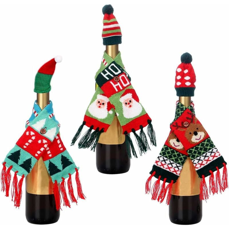 Bufanda de Navidad Sombrero Cubierta de botella, 3 piezas Mini Sombrero de vino de Navidad y 3 piezas Mini Botella de vino de Navidad Bufanda para titulares de cubiertos de Navidad