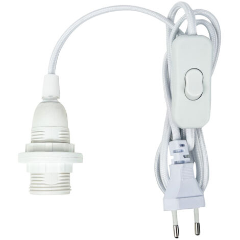 Tibelec – Cordon électrique pré-équipé E14 1.5m en tissu blanc – Douille filetée avec 2 bagues – Fiche 2 pôles pour luminaires