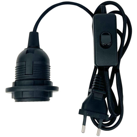 Tibelec – Kit cordon électrique pré-équipé E27 – Câble tissu noir 1.5m – Douille filetée + 2 bagues – Fiche 2 pôles pour luminaires personnalisés