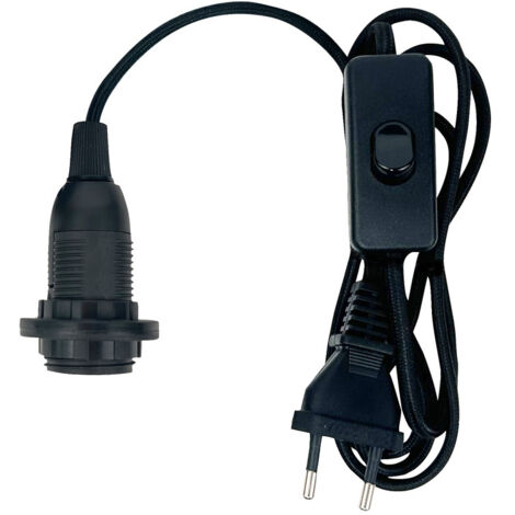 Tibelec – Cordon électrique pré-équipé E14 1.5m – Câble tissu noir – Douille filetée + 2 bagues – Fiche 2 pôles pour luminaires personnalisés