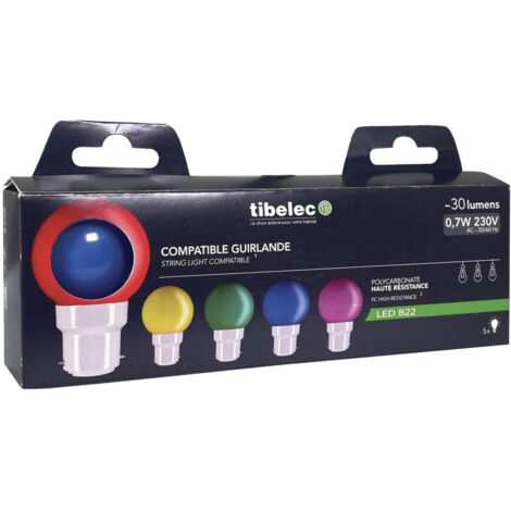 Pack de 5 Ampoules LED Sphériques 0,7W Tibelec - 30LM, Plastique Haute Résistance Multicolore, Idéales pour Guirlandes B22, Décoration Intérieure et Extérieure