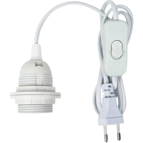 Tibelec – Cordon électrique pré-équipé E27 1.5m – Câble en tissu blanc – Douille filetée avec 2 bagues – Fiche 2 pôles