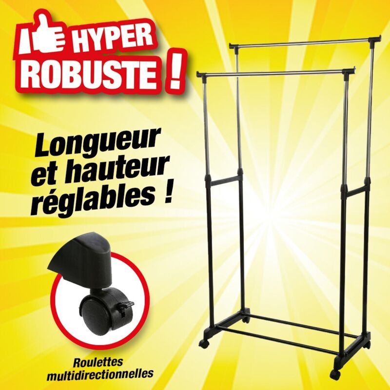 Fishat Portant Vêtements Métal Noir – Double Tringle 77-122 X 38 X 170 Cm – Roulettes 360° Avec Freins, 2 Crochets