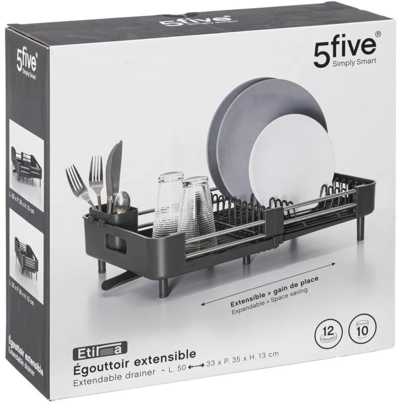 Égouttoir Vaisselle Black Edition Noir - Capacité 10 Assiettes + Pot à Couverts - Dimensions 41,5x17,4x9,6 Cm - Gain De Place