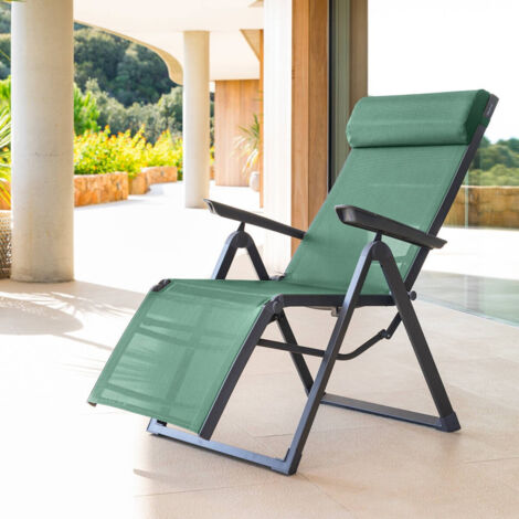 Hesperide – Fauteuil de jardin inclinable 8 positions en aluminium traité époxy – Assise en toile texaline déperlant – Repose-tête amovible