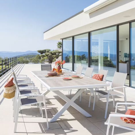Table de jardin extensible Axiome sépia & blanc 10 places en aluminium traité époxy - Hespéride