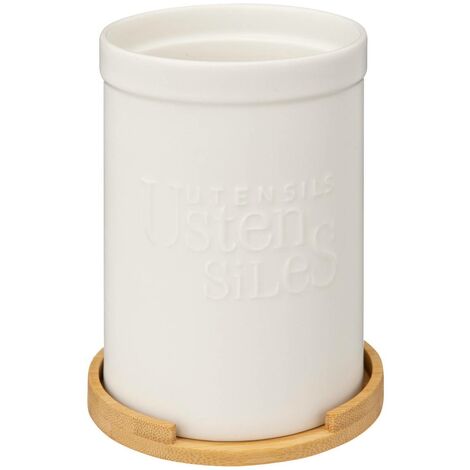 Pot à ustensiles couvercle bambou naturéo en céramique blanc - 5five (1/4)