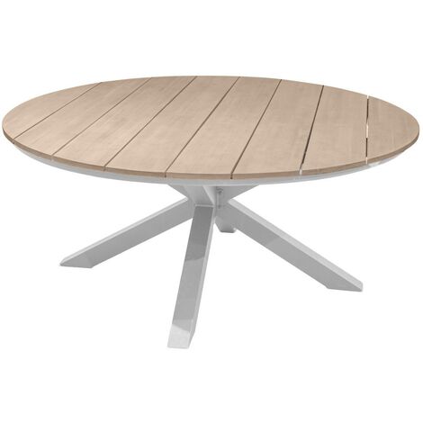 Hesperide – Table de jardin ronde 8 places en aluminium et bois FSC – Pieds ajustables pour stabilité – Entretien facile avec nettoyage à l'eau savonneuse