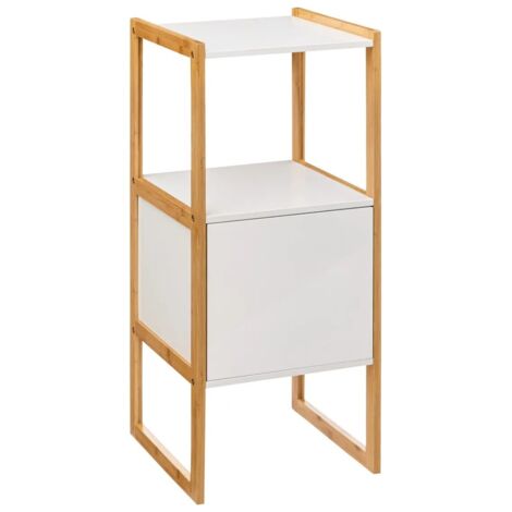 5Five Simply Smart – Meuble sous vasque simple en bambou et MDF blanc – Dimensions L. 33 cm x P. 33 cm x H. 80 cm – Porte réversible et étagère réglable