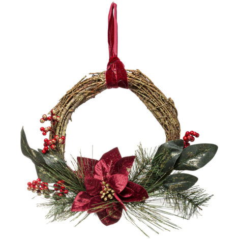 Couronne de  Noël Poinsettia en velours bordeaux avec décoration D 38 cm - Feeric Christmas