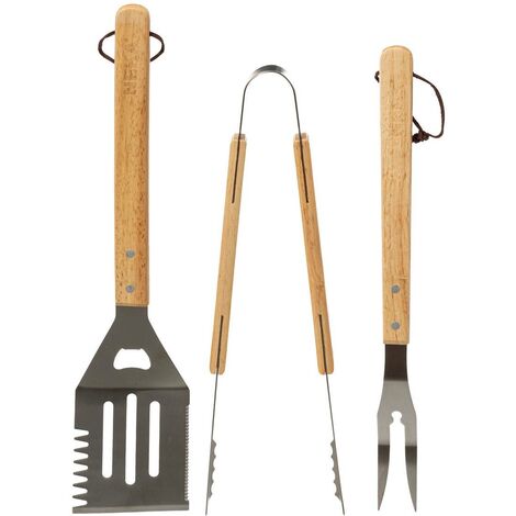 Set de barbecue, 3 ustensiles avec manches en bois