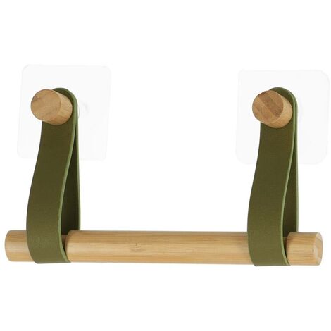 Tendance – Dérouleur papier toilette en bambou – Lanières en simili cuir vert kaki – Installation sans clou – Dimensions L 20 x l 2.5 x H 11.5 cm