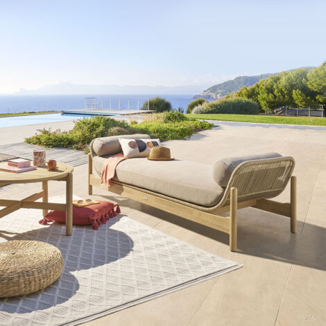 Hesperide – Banquette de jardin 2 places en acacia certifié FSC® – Structure en cordes – Matelas épais et coussins déhoussables – Design contemporain (1/5)