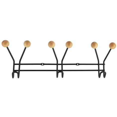 Patère Porte-serviettes 9 Crochets en métal Noir et Bois - TENDANCE