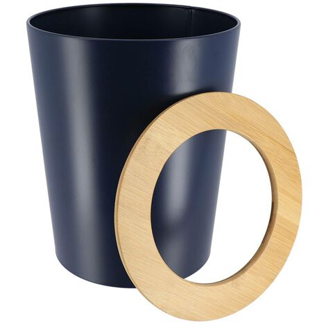 Poubelle metal evasee avec couvercle bambou 5l - bleu marine bambou - Tendance