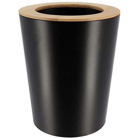 Poubelle metal evasee avec couvercle bambou 5l - noir bambou - Tendance