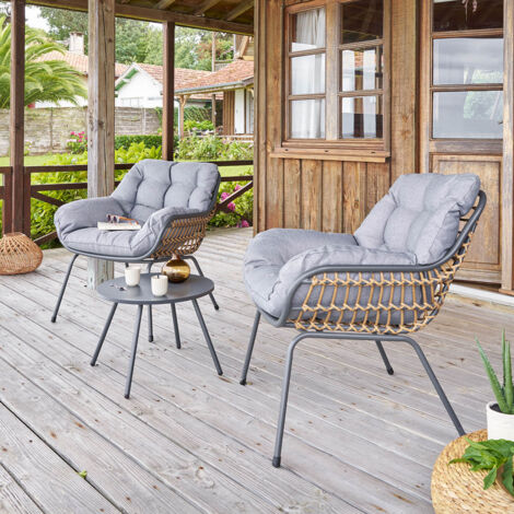 Hesperide – Salon de jardin 2 places Paopao graphite – Acier traité époxy antirouille – Fauteuils ergonomiques avec coussins – Table basse d'appoint (1/7)