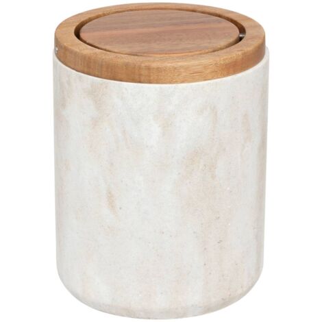 5Five Simply Smart – Poubelle de salle de bain effet travertin 1,5 l – Dimensions 11,9 x 11,9 x 15,8 cm – Couvercle en bois d'acacia – Finition mate