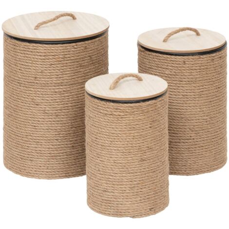 Atmosphera – Lot de 3 coffres ronds beige – Dimensions S: D. 25 x H. 38 cm, M: D. 30 x H. 43 cm, L: D. 36 x H. 48 cm – Structure en acier, couvercle en MDF (1/6)