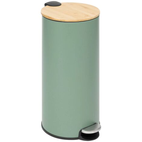 5Five Simply Smart – Poubelle ronde 30L en métal vert avec couvercle en bambou – Fonction soft close – Seau amovible pour nettoyage facile – Dimensions 37,7x29,2x59,5cm