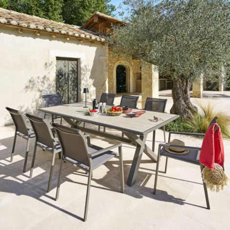 Hesperide – Table de jardin 8 places en aluminium avec plateau en pierre sintérisée – Dimensions L. 220 x l. 113 x H. 75 cm – Traitement époxy anti-rouille