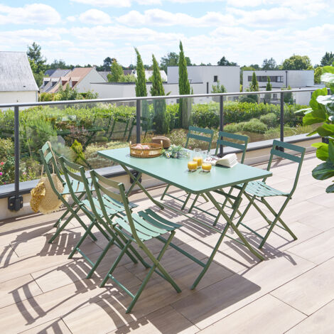 Hesperide – Table de jardin pliante rectangulaire 6 places en acier vert olive – Traitement époxy antirouille – Idéale pour balcons et terrasses