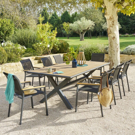Hesperide – Table de jardin 8 places en eucalyptus certifié FSC® – Structure en aluminium teinté – Pieds ajustables pour stabilité optimale