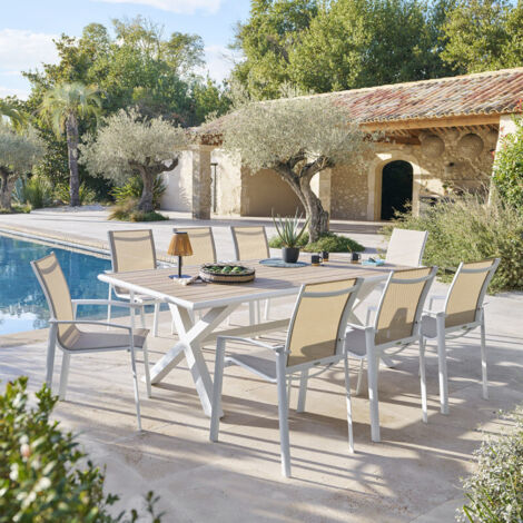 Hesperide – Table de jardin 8 places en eucalyptus certifié FSC® et aluminium teinté – Pieds ajustables pour stabilité – Entretien facile (1/5)