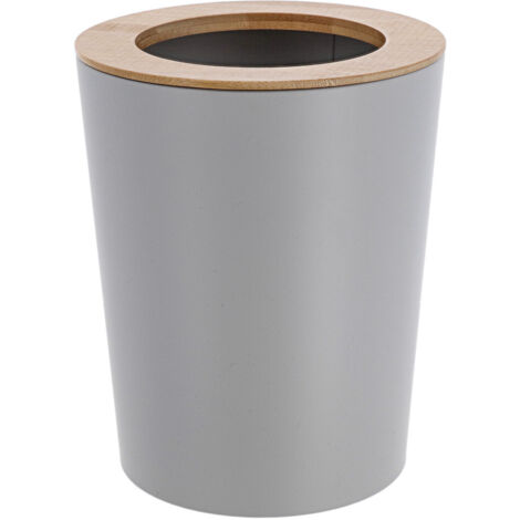 Poubelle de salle de bain 5L en métal Gris clair avec couvercle en Bambou - TENDANCE (1/3)