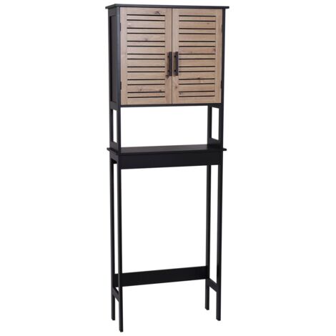Tendance – Meuble au-dessus des toilettes WC 2 portes et 2 étagères H 179 cm – MDF noir laqué – Rangement optimisé pour salle de bain