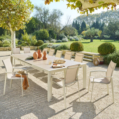 Hesperide – Table de jardin extensible 14 places – Aluminium teinté avec plateau lattes effet bois – Rallonge automatique et pieds ajustables (1/5)