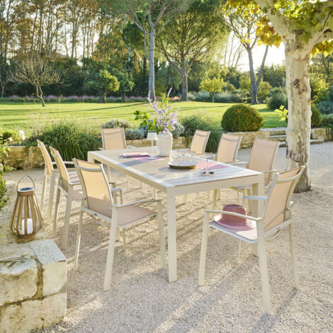 Hesperide – Table de jardin 8 places en aluminium effet bois lin et argile – Traitement époxy résistant aux UV – Idéale pour repas d'été (1/6)