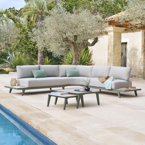 Salon de jardin Pulpy vert laurier 7 places en aluminium et polyester - Hespéride (1/5)