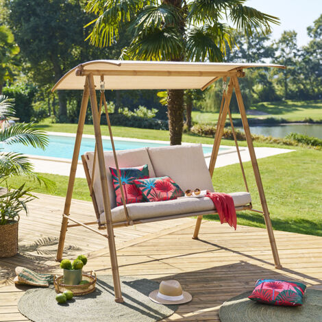 Hesperide – Balancelle de jardin 2 places beige 170 x 129 x 213cm – Structure acier époxy – Toit en polyester – Assise en texaline