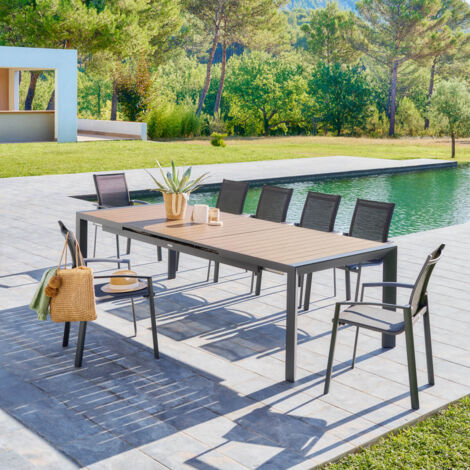 Hesperide – Table de jardin extensible 10 places en aluminium effet bois – Rallonge automatique – Dimensions 214x110cm fermée, 274x110cm ouverte – Résistante à la rouille