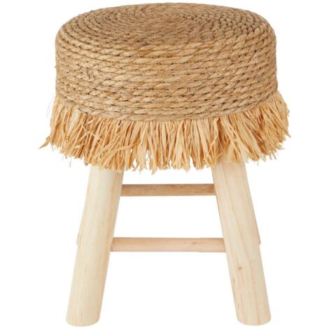 Pouf D'appoint Leandre En Pin Naturel 35x35x35 Cm - Tissu Beige Chiné, Piètement Bois, Charge Max 110 Kg - Idéal Petit Salon, Déco Naturelle