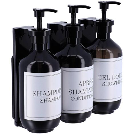 Set de 3 distributeurs plastique noir 500 ml imprime avec support mural a fixer ou 3m - noir - Tendance