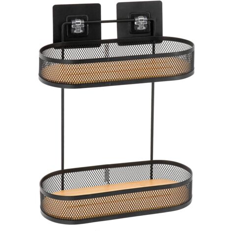 Etagere ovale 2 niveaux metal et plateaux bambou sur cartes adhesives 3m - noir/bambou - Tendance