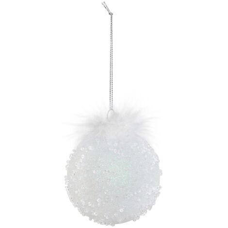 Déco Sapin Boule de Noël en Verre D 8 cm Blanc paillettes et Plumes - Feeric Christmas (1/2)