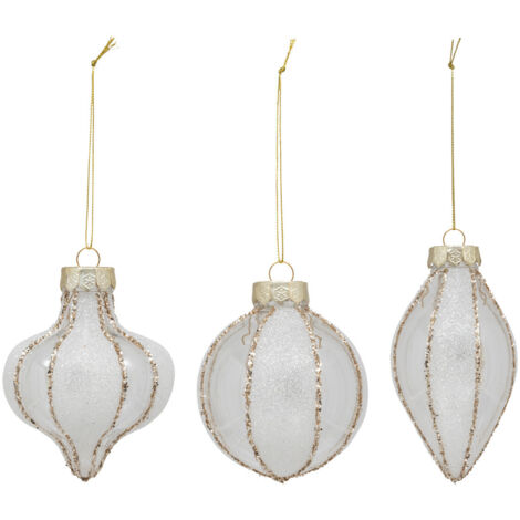 Déco de sapin Lot de 3 Boules de noël striées et pailletées D 8 cm Blanc et Doré - Feeric Christmas (1/4)