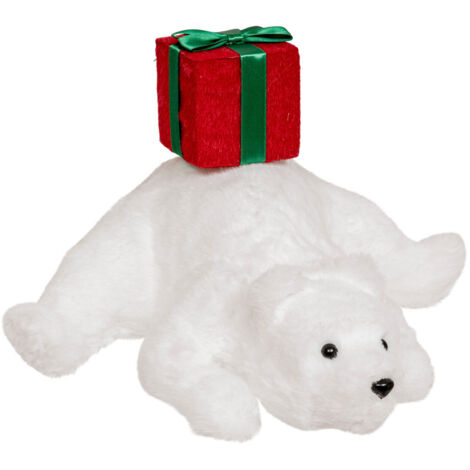 Déco Noël Ours Blanc couché avec paquet cadeau H 38 cm - Feeric Christmas (1/3)