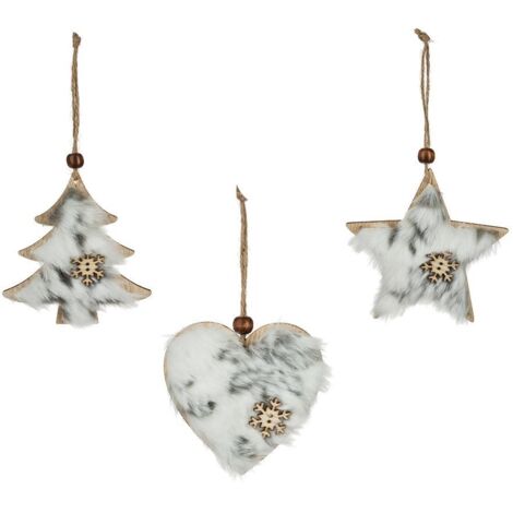 Déco de sapin Lot de 3 formes Coeur Etoile Sapin en Bois avec Fourrure et Flocon - Feeric Christmas (1/4)