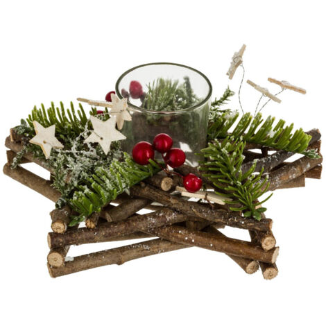 Bougeoir Étoile en Bois Décoré pour Centre de Table avec Photophore en Verre - Décoration de Noël Féérique (1/2)
