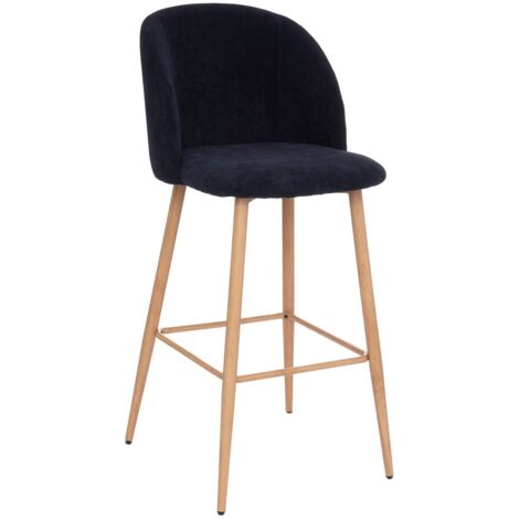 Atmosphera – Tabouret de bar bleu encre – Dossier courbé et assise rembourrée – Hauteur d'assise 77 cm – Structure en contreplaqué et fer effet bois (1/3)