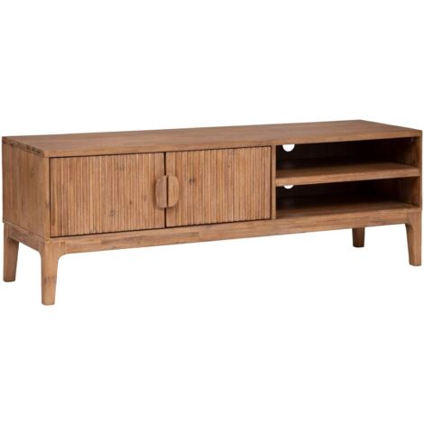 Atmosphera – Meuble TV Sabor en bois d'acacia 160x45x55cm – 2 étagères ouvertes avec passe câbles – Placard avec portes cannelées (1/6)