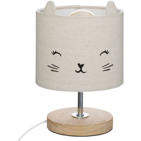 Atmosphera – Lampe abat-jour chat 23 cm x 15 cm – Bois de Paulownia et fer – Douille E14 – Pour chambre d'enfant