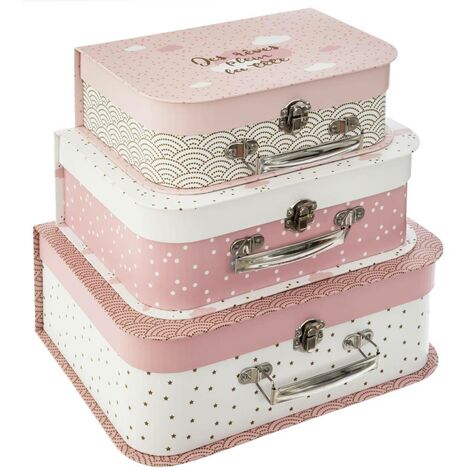 Atmosphera – Set de 3 valisettes Douceur rose L23,5/26,5/29,5cm – Carton avec poignées métal – Rangement pratique pour jouets et matériel scolaire (1/10)